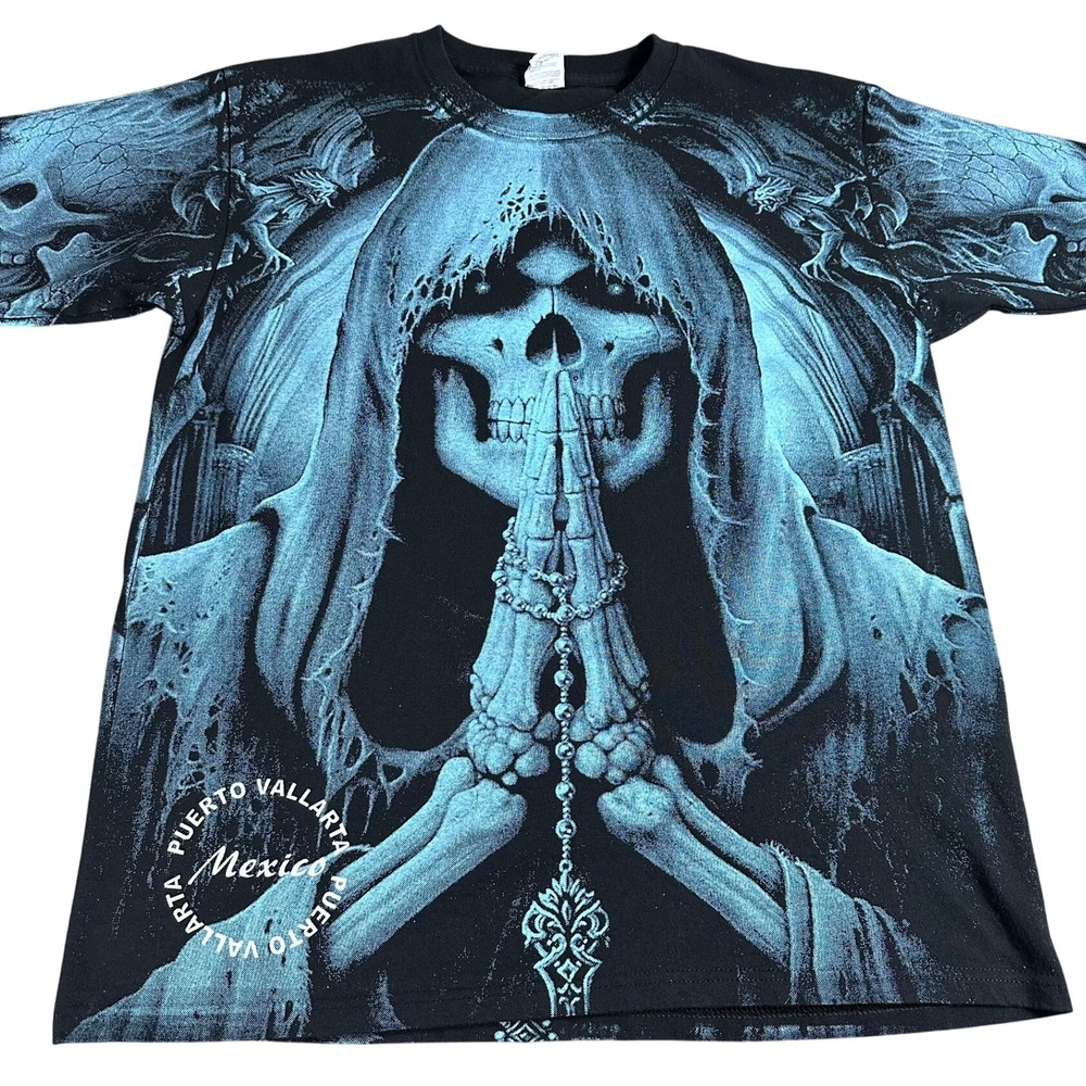 YAZBEK Grim Reaper‎ Praying Rosary Graphic T Shirt Mens Large AOP